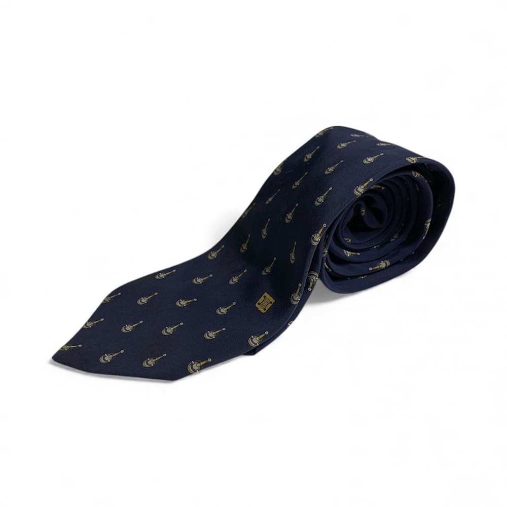 CELINE Navy Blue Triomphe Logo Silk Tie